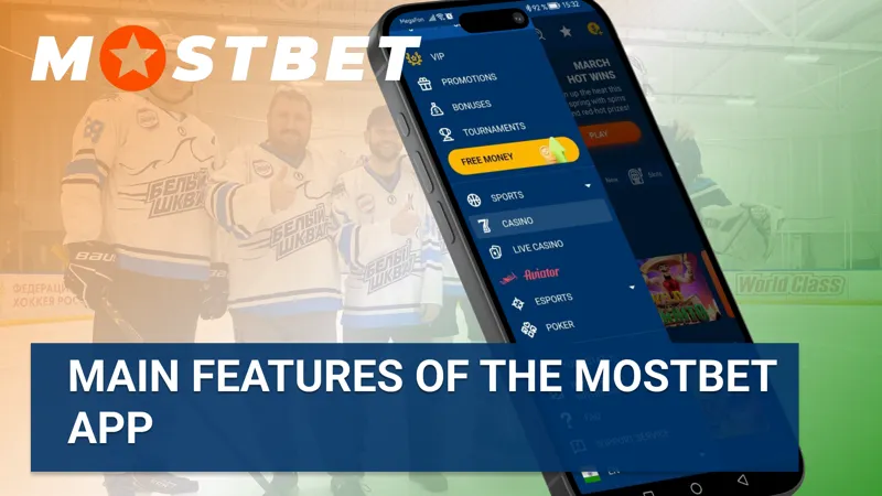 Main features of the Mostbet app including betting and casino options