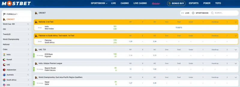 Cricket betting on MostBet in India