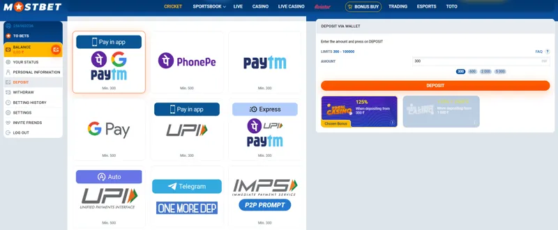Payment system options for funding your MostBet gaming account