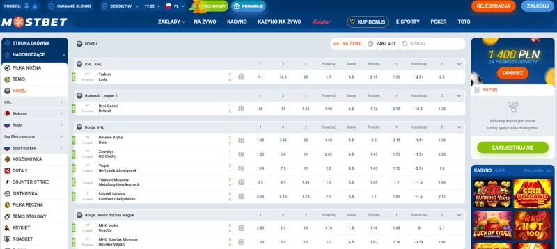 Hockey line in the bookmaker MostBet
