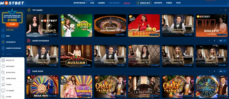 MostBet Live Casino Game Options