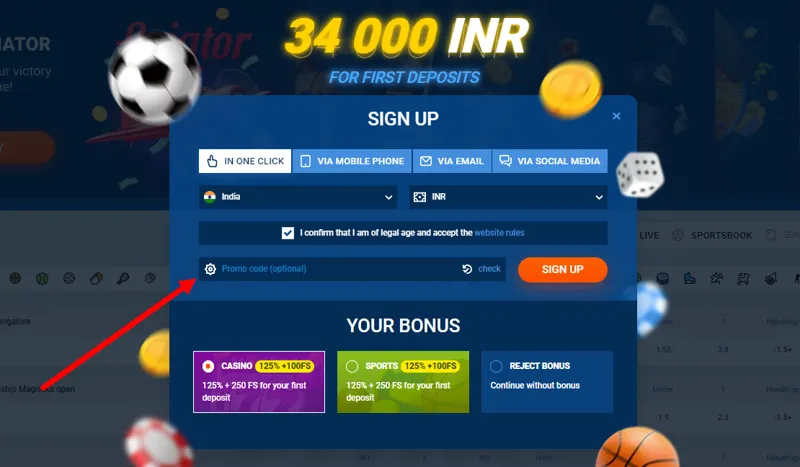 Entering a promo code in the MostBet new player registration form