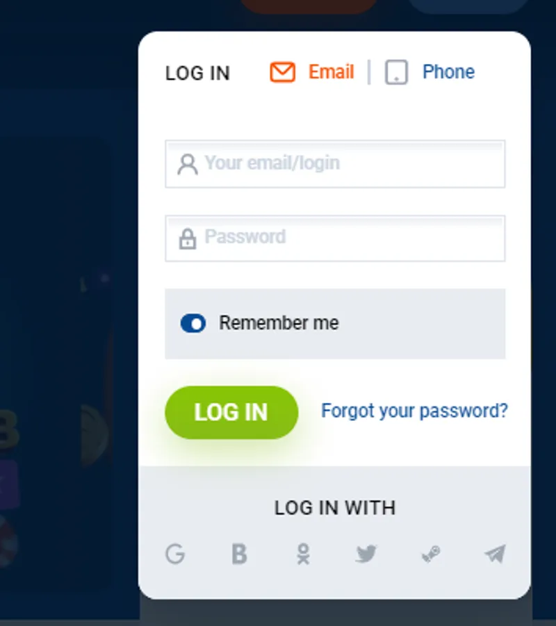 Login form for your account after registering with MostBet