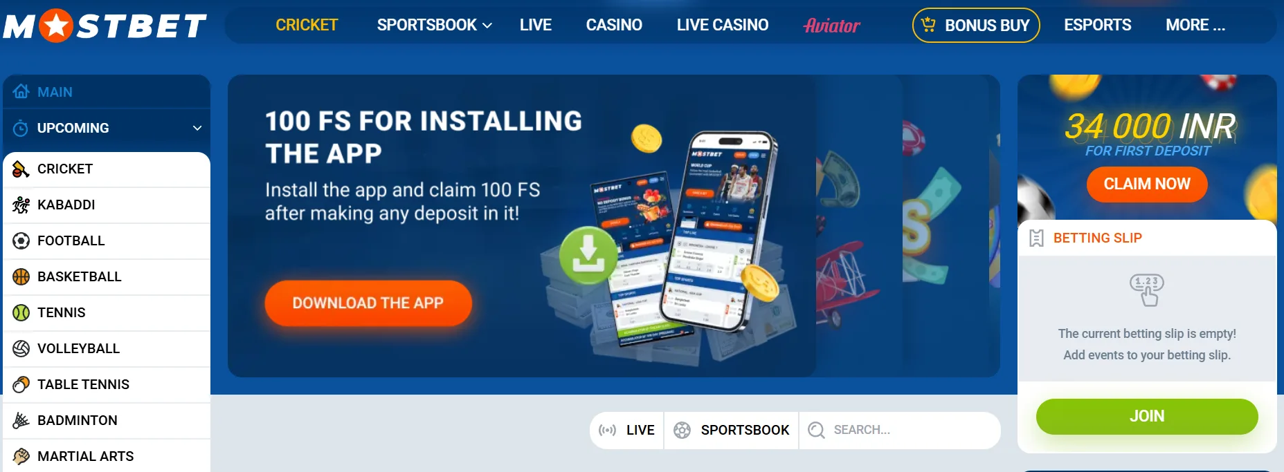 Main page of the Mostbet bookmaker websit