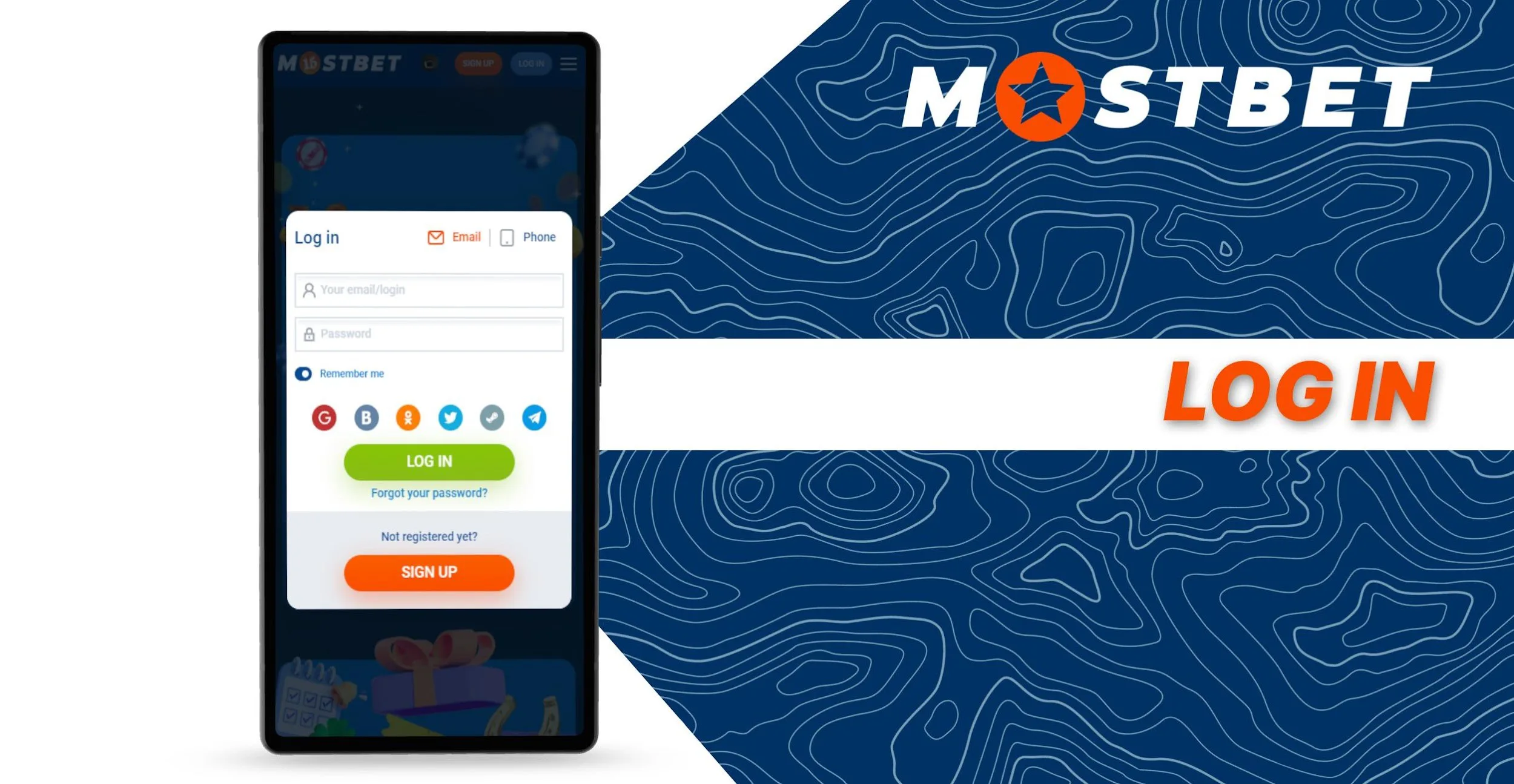 Authorization and registration form on the Mostbet website