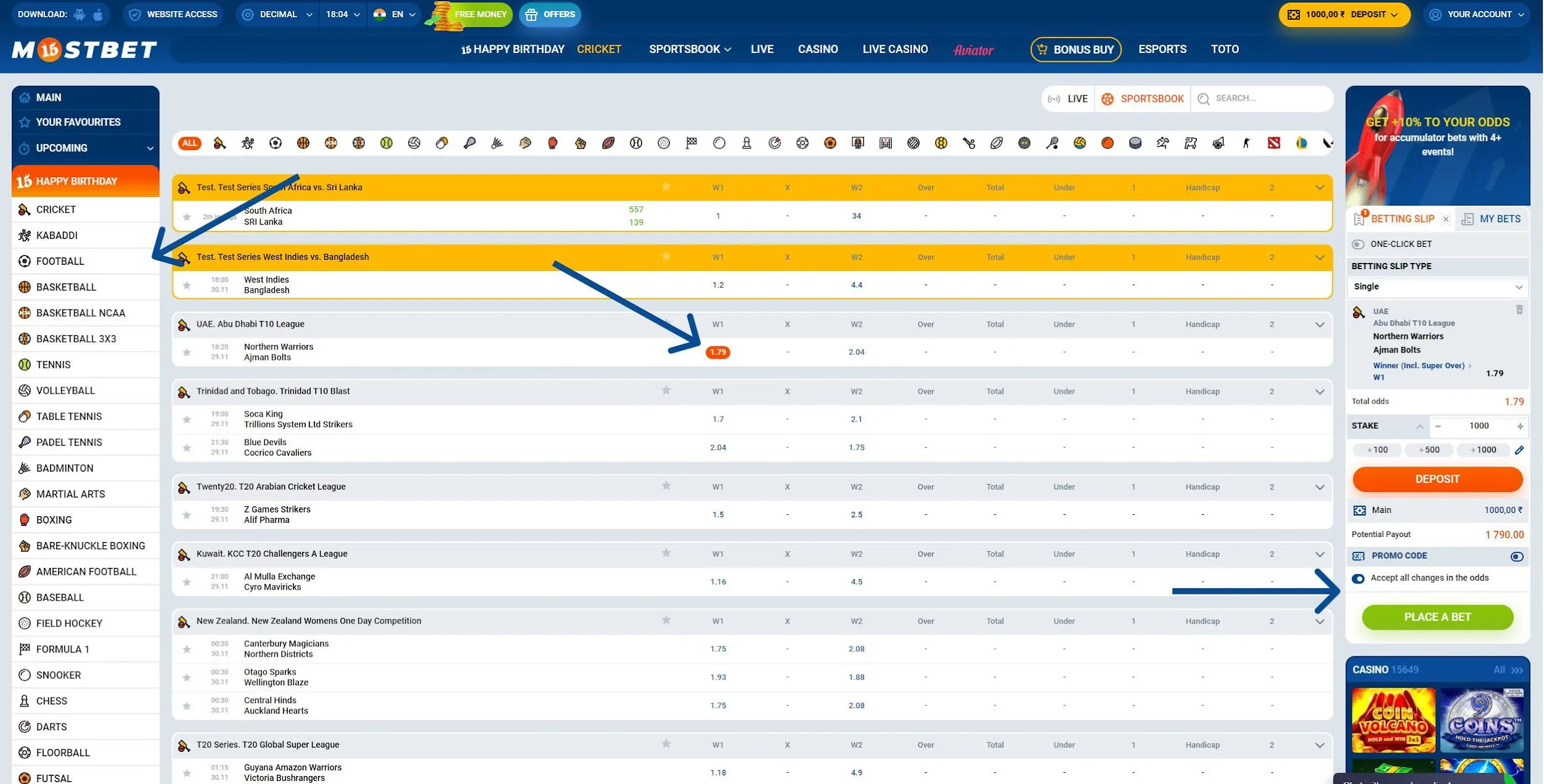 Instructions on how to place a bet at Mostbet