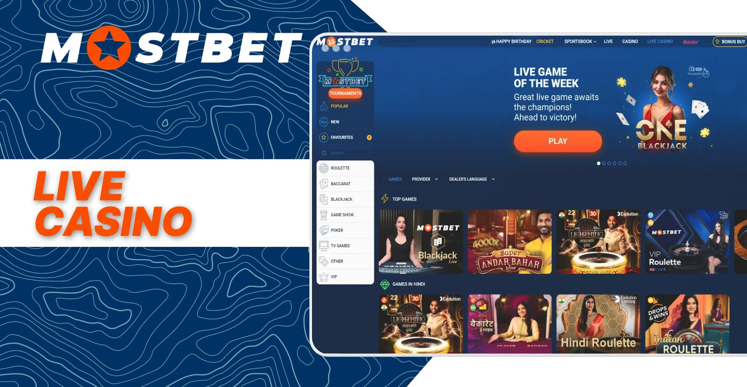 Live casino page at bookmaker Mostbet